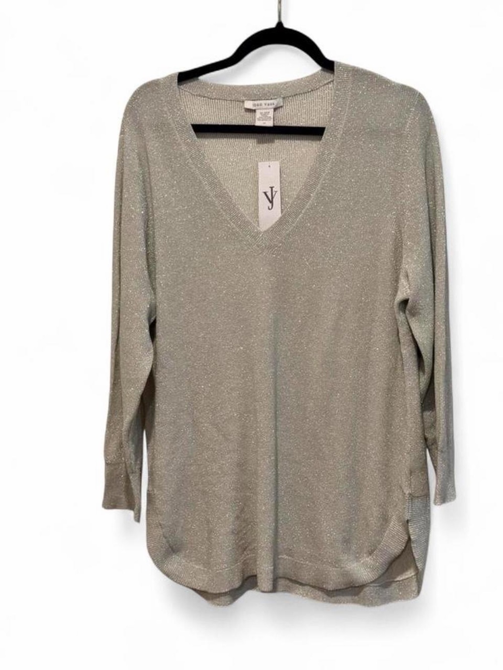 Joan Vass Silver Metallic V-Neck Women's Sweater 1X